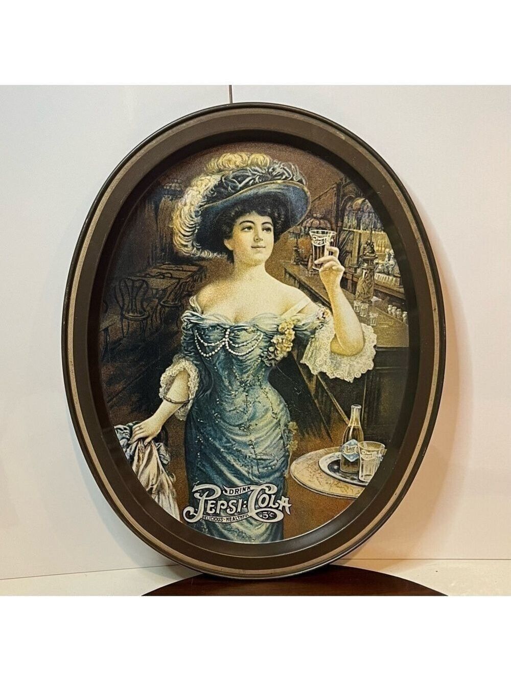 Vintage Pepsi Cola Soda Pop Oval Metal Serving Tray Gibson Girl 11.5" x 14.5"